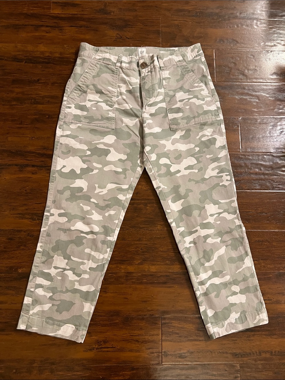 GAP Girlfriend Khaki Camo Pants Green Tan Camouflage Straight Leg Size 12